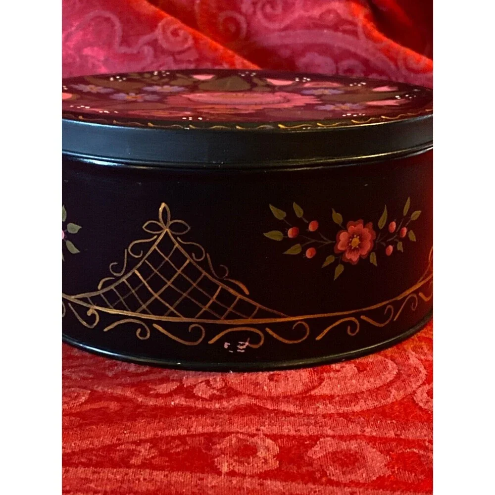 Vintage black tole painted tin Cookie Tin